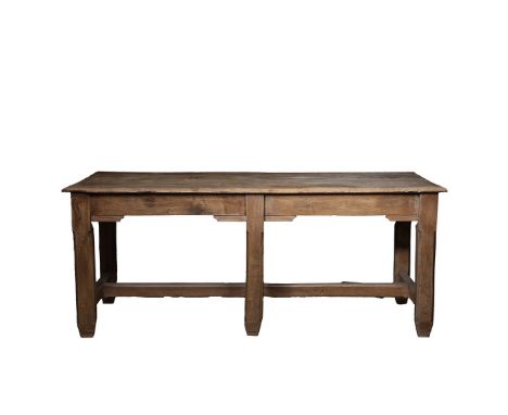 A 19TH CENTURY ARTS AND CRAFTS ELM CONSOLE TABLE. boarded top over six substantial legs with supporting stretches, 73cm high,