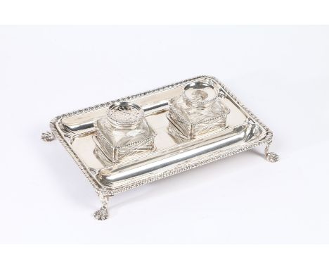 A GEORGE II SILVER INKSTAND. London 1755, maker Edward Aldridge I &amp; John Stamper, with silver lidded clear glass pounce p