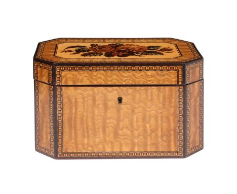 A VICTORIAN TUNBRIDGE WARE TEA CADDY. The hinged top inlaid with a floral garland, chamfered corners, opening to reveal a two