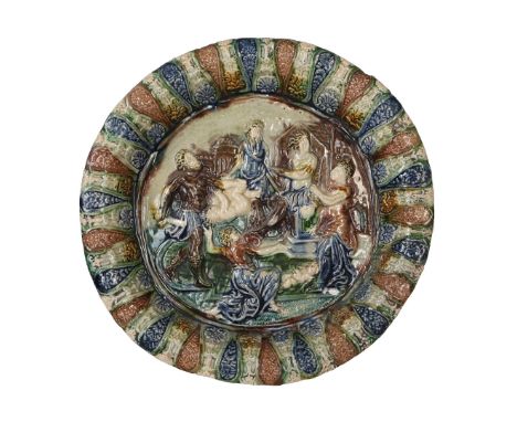 A FRENCH "BERNARD PALISSY" STYLE RELIGIOUS SCENE LEADED GLAZED EARTHENWARE DISH. relief moulded, depicting the "slaughter of 