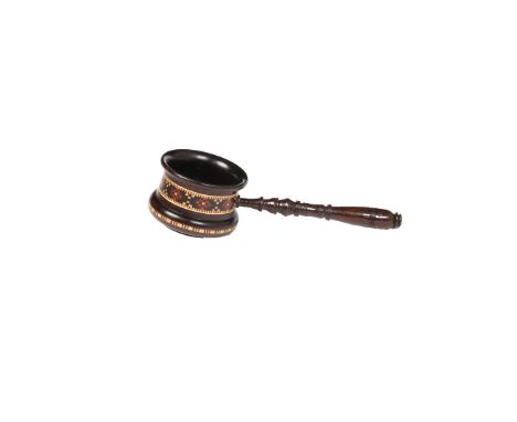 A VICTORIAN TUNBRIDGE WARE CADDY SPOON. With ring turned handle, deep circular bowl, 11cm long.