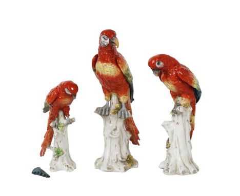 THREE 19TH CENTURY CAPODIMONTE PORCELAIN PARROTS. each of vibrant red, yellow and green and standing atop a trunk or branch, 