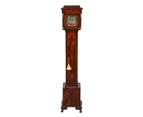 A 19TH CENTURY MAHOGANY CASED MINIATURE LONGCASE CLOCK. having a brass dial with Roman numerals and with a mahoagny case, 135