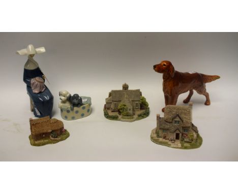 Ceramics - a Lladro figure of a nun sewing, Nao puppies, Lilliput Lane houses, etc. (6)