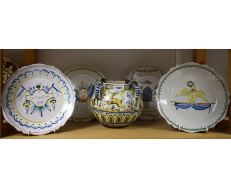 Ceramics - a continental hanging cauldron planter, hand decorated with stag, bull, etc; etc (5)