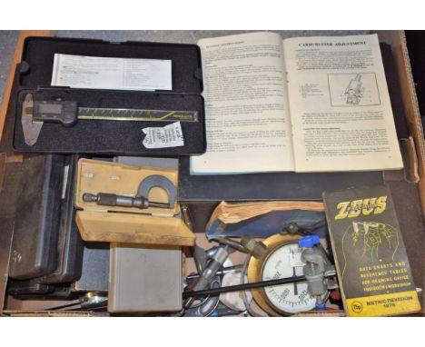 Tools - engineering gauges, micrometers, some boxed, pressure gauge, calipers, voltometers, an Austin A40 MkII drivers handbo