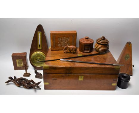Boxes and Objects - a 19th century mahogany writing box; a Maelzel metronome; a turned olive wood box and cover; conductor's 