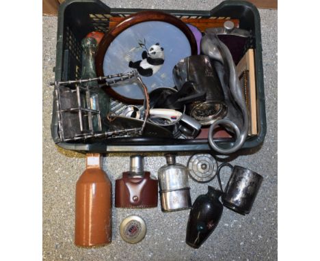 Boxes and Objects - an Art Nouveau style enamel dish; a Mauchline ware snuff box; a Victorian hipflask; a cloisonne vase; etc