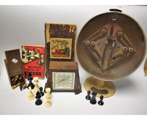 Boxes and Objects - a vintage Collaro heat lamp; Sterling electric oak cased mantel clock; chess set and board
