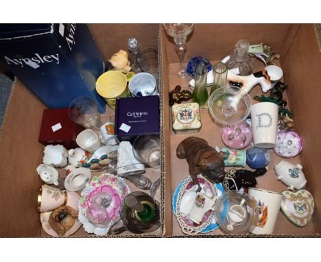 Ceramics and Glass - an Aynsley Orchard Gold vase; crested china; paperweights including Caithness, etc; a Goebels money bank