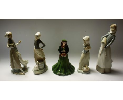 A Lladro figure, Girl with Lamb; others, Goose Girls; another, Nao; a Coalport Ladies of Fashion limited edition figure, A Gi