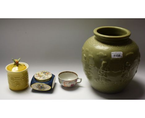 Ceramics - a Celadon ovoid vase, figural scenes, approx. 23cm high; a Chinese teacup; a honey pot, bee finial; a Carlton Ware