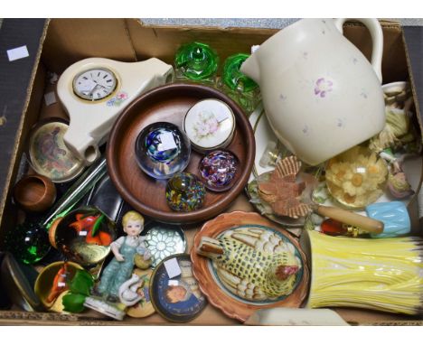 A pair of Art Deco style clear glass preserve pots, emerald green lids; a glass paperweight; others, similar; a Barn Pottery 