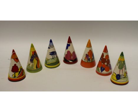 A set of seven Bradford Exchange conical sugar casters, after original designs by Clarice Cliff, Fantasque and Bizarre patter