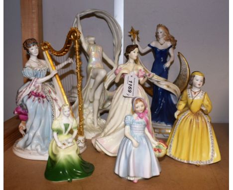A Royal Worcester figure, The Dance of Time; another, The Graceful Arts playing a harp; Royal Worcester Destiny; Royal Doulto
