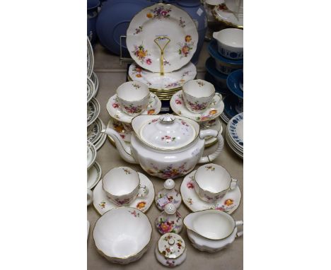 A Royal Crown Derby Posies pattern tea set for six comprising teapot, single tier cake stand, cream jug, sugar bowl, dessert 