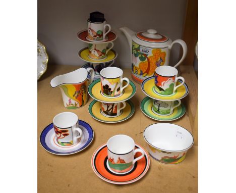 A Wedgwood Clarice Cliff Connoisseur Collection coffee set, comprising Cornwall pattern coffee pot, Secrets pattern sugar bow