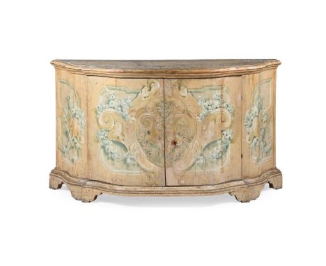 AN ITALIAN PAINTED PINE SERPENTINE FRONTED CREDENZA OR SIDE CABINET CIRCA 1800 The doors enclosing a shelf 104cm high, 182cm 