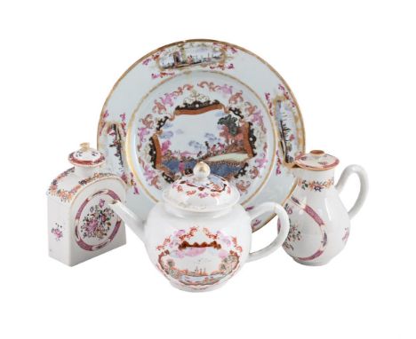 A GROUP OF CHINESE FAMILLE ROSE EXPORT PORCELAIN QIANLONG The teapot in Meissen style, 18.8cm high, the plate also in Meissen