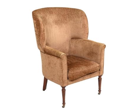 A REGENCY MAHOGANY AND UPHOLSTERED BARREL ARMCHAIR  CIRCA 1820 106cm high, 73cm wide, 69cm deep  Condition Report:  Marks, kn