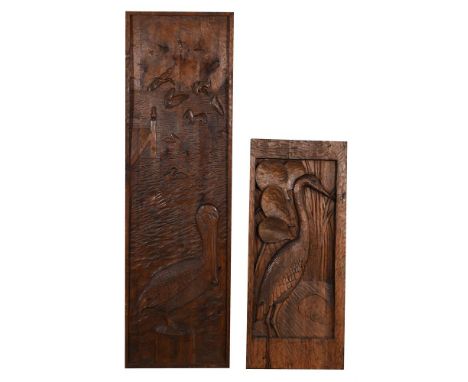 TWO LARGE WOODEN PANELS WITH CARVED BIRDS the larger, Imbuia panel by P.W. Lewis, approximately 170cm high, 51cm wide, 4.5cm 