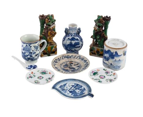 A GROUP OF CHINESE PORCELAIN QING DYNASTY comprising: a pair of Famille Verte Buddhist lion joss-stick holders, Kangxi, 20.5c
