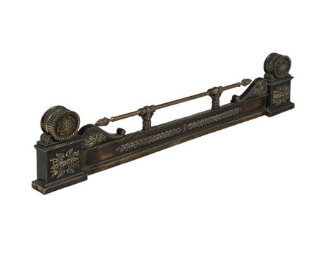 A FRENCH EMPIRE REVIVAL BRASS FENDER  LATE 19TH CENTURY  With adjustable centre within scroll, volute and roundel ends 21cm h