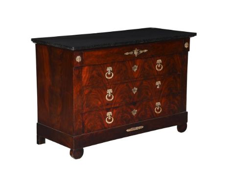 AN EMPIRE MAHOGANY AND MARBLE TOP COMMODE IN THE MANNER OF BERNARD MOLITOR, FRENCH, CIRCA 1810 90cm high, 130.5cm wide, 58.5c