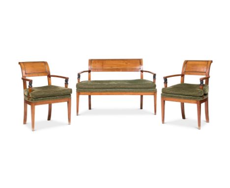 A BIEDERMEIER FRUITWOOD, EBONISED AND BRASS MOUNTED SUITE OF SEAT FURNITURE 19TH CENTURY                                     