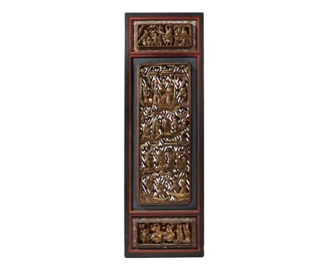 A CHINESE POLYCHROME PAINTED CARVED DOOR PANEL 20TH CENTURY Carvings depicting soldiers in a battle approximately 160cm high,