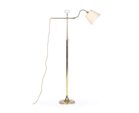 A BRASS ADJUSTABLE READING LAMP  BY ROBERT KIME LTD, MODERN 103cm high minimum, 157cm high maximum, the base 23cm diameter