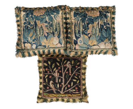 A PAIR OF TAPESTRY COVERED CUSHIONS PROBABLY INCORPORATING ANTIQUE VERDURE ELEMENTS Each approximately 40cm square  AND ANOTH