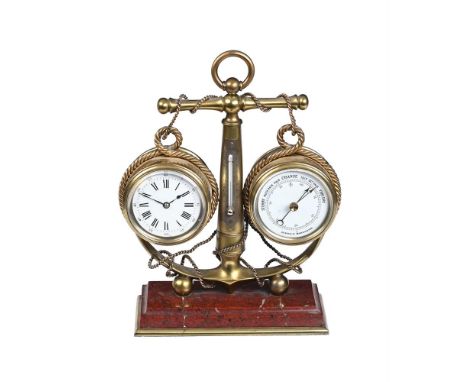 A FRENCH GILT METAL AND MARBLE COMBINATION DESK TIMEPIECE AND BAROMETER LATE 19TH CENTURY  The side-by-side timepiece and bar