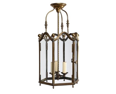 A GILT BRASS HEXAGONAL HALL LANTERN EARLY 20TH CENTURY 59cm high, 30cm wide 
