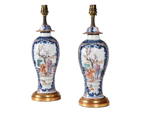 A PAIR OF CHINESE FAMILLE ROSE EXPORT VASES QIANLONG  Later converted to lamps  approximately 39cm high including light fitme