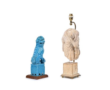 A CHINESE TURQUOISE GLAZE CERAMIC TABLE LIGHT 20TH CENTURY AND LATER Now fitted as a table light 38cm high  AND ANOTHER ELECT
