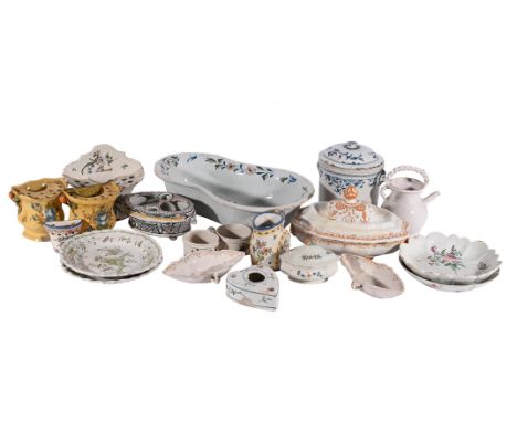 AN ASSORTMENT OF VARIOUS FAIENCE ITEMS VARIOUS DATES, 19TH CENTURY Including a large basin decorated with flowers, an orange 