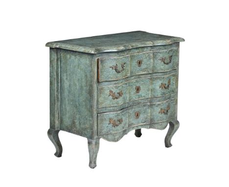 A FRENCH GREEN PAINTED SERPENTINE COMMODE IN 18TH CENTURY STYLE, 19TH CENTURY AND LATER 78cm high, 89cm wide, 47cm deep