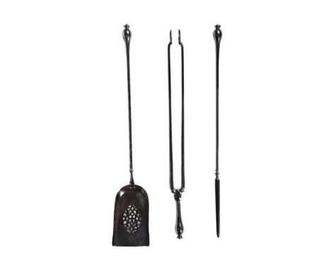 A SET OF REGENCY STEEL FIRE TOOLS  CIRCA 1820 Comprising shovel, poker, and tongs Each with a baluster handle above the plain