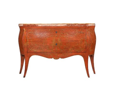 AN ITALIAN RED PAINTED AND PARCEL GILT COMMODE  19TH CENTURY With marble top 86cm high, 132cm wide, 46cm deep 