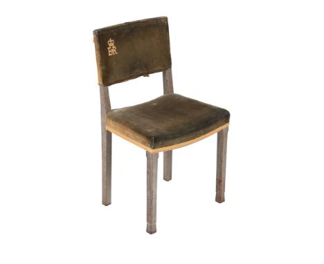 AN ELIZABETH II LIMED OAK CORONATION CHAIR  BY W. HANDS & SONS LTD, CIRCA 1953 Numbered button '370' to top, EIIR cypher to t