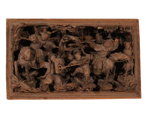 A GROUP OF FOUR CHINESE CARVED WOOD DISPLAY PANELS DEPICTING BATTLES  20TH CENTURY  each approximately 21cm high, 36cm wide, 