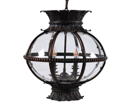 AN AGED BRONZE HANGING GLOBE LANTERN MODERN 55cm high, 45cm wide, 45cm deep   Condition Report:  As catalogued this is of fai