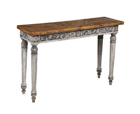 A NORTH ITALIAN PAINTED AND SIMULATED MARBLE CONSOLE TABLE  IN 19TH CENTURY STYLE, 20TH CENTURY  81.5cm high, 119.5cm wide, 3