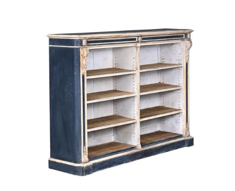A FRENCH BLUE AND CREAM PAINTED OPEN BOOKCASE SECOND HALF 19TH CENTURY 121cm high, 184cm wide, 39cm deep  Condition Report:  