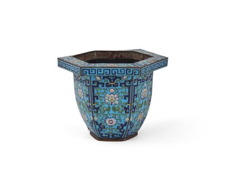 A CHINESE CLOISONNE TURQUOISE GROUND HEXAGAONAL JARDINIERE  LATE QING DYNASTY 18.5cm high  Condition Report:  Corrosion and l