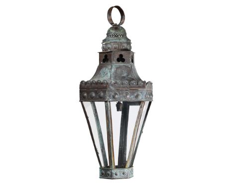 AN ARTS AND CRAFTS VERDIGRIS COPPER LANTERN LATE 19TH CENTURY 77cm high overall, 34cm wide 