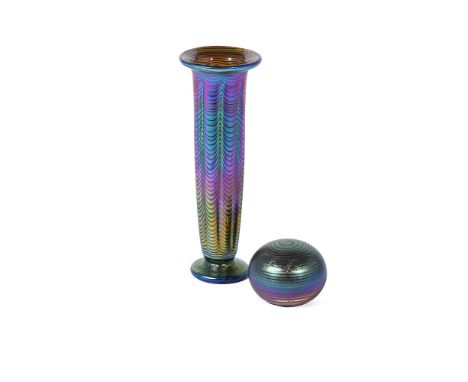 AN IRIDESCENT GLASS VASE  IN LOETZ STYLE, 20TH CENTURY By Sean O'Donoghue, 23cm high   TOGETHER WITH three glass paper-weight