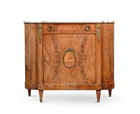 A FRENCH MAHOGANY, MARQUETRY AND MARBLE SIDE CABINET 20th CENTURY The drawer enclosing a shelf 101cm high, 116cm wide, 46cm d