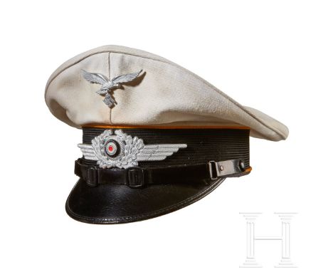 A White Top Visor Cap for Luftwaffe Other Ranks of FlightRemovable white ribbed tricot top, piped in white, black mohair cent